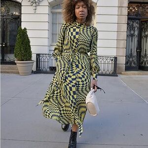 Karen Britchick shirt dress. Blue yellow checkerboard pattern. NWT.